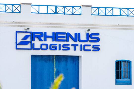ARRECIFE, LANZAROTE, CANARY ISLANDS - JULY 17, 2022: Rhenus Logistics sign. The Rhenus Group is a German logistics company with operations in Europe, Asia and South America.