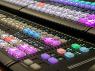 Concept Idea: Professional broadcast video mixer in tv studio as background