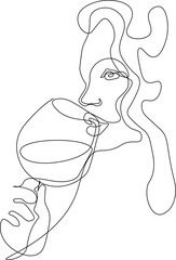 Girl drinks wine or champagne from a glass. Linear silhouette of a woman with a glass goblet. Drawing in one continuous line. Linear glamour logo in minimal for wine label.Fictional character.