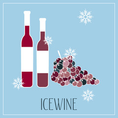 Vector illustration of Ice wine. Cartoon grapes and glass, falling snowflakes. Doodle template of red wine. Wine taste invitation poster, banner. - 531260580