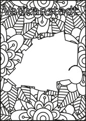 Schwarze und weiße Blume mit der Landkarte Vatikanstadt in der Mitte. Muster für Erwachsene Färbung Buch. Doodle floral Zeichnung. Kunsttherapie Färbung Seite