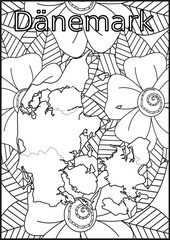Schwarze und weiße Blume mit der Landkarte Dänemark in der Mitte. Muster für Erwachsene Färbung Buch. Doodle floral Zeichnung. Kunsttherapie Färbung Seite