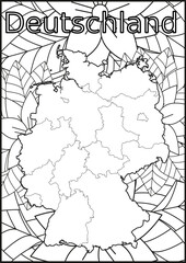 Schwarze und weiße Blume mit der Landkarte Deutschland in der Mitte. Muster für Erwachsene Färbung Buch. Doodle floral Zeichnung. Kunsttherapie Färbung Seite