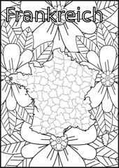 Obraz premium Schwarze und weiße Blume mit der Landkarte Frankreich in der Mitte. Muster für Erwachsene Färbung Buch. Doodle floral Zeichnung. Kunsttherapie Färbung Seite