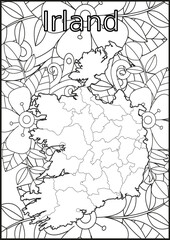 Schwarze und weiße Blume mit der Landkarte Irland in der Mitte. Muster für Erwachsene Färbung Buch. Doodle floral Zeichnung. Kunsttherapie Färbung Seite