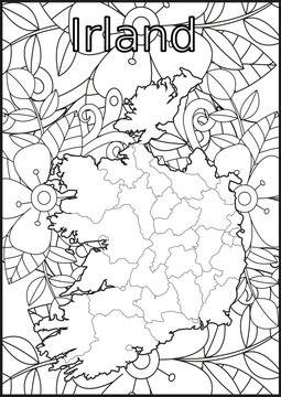 Schwarze und weiße Blume mit der Landkarte Irland in der Mitte. Muster für Erwachsene Färbung Buch. Doodle floral Zeichnung. Kunsttherapie Färbung Seite
