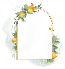 Lemon gold frame. Watercolor lemons fruit and leaf. Decoration for your card, invitation, album.