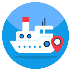 Map pin with ship, icon of boat location 