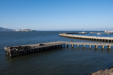 Seascape of the city of San Francisco, California, from Fort Mason, a former US Army fort located...