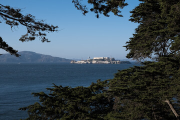 View of Alcatraz Island, one of the most notorious prisons in the US, from Fort Mason, a former US...
