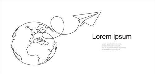 continuous line drawing paper plane taking off from a map and flying symbol for travel or journey illustration vector. Can used for logo, emblem, slide show and banner. 