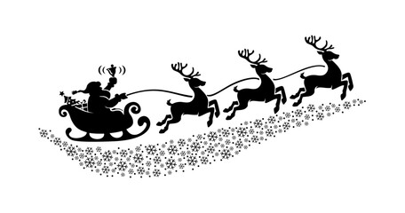 Santa Claus silhouette flying over snowflakes in sleigh full of gifts with reindeers . Merry christmas and Happy new year decoration. Vector