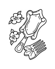 Vector illustration of accessories isolated on white. Coloring page with mirror and comb of fairy princess.