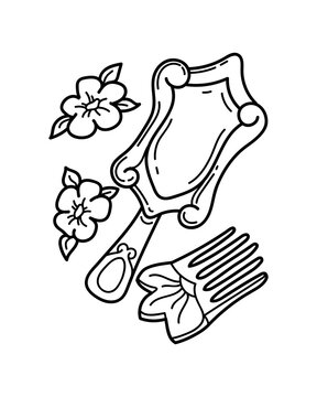 recommend clip art: Vector illustration of accessories isolated on white. Coloring page with mirror and comb of fairy princess.