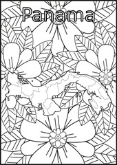 Schwarze und weiße Blume mit der Landkarte Panama in der Mitte. Muster für Erwachsene Färbung Buch. Doodle floral Zeichnung. Kunsttherapie Färbung Seite 
