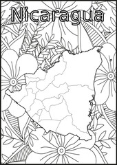 Schwarze und weiße Blume mit der Landkarte Nicaragua  in der Mitte. Muster für Erwachsene Färbung Buch. Doodle floral Zeichnung. Kunsttherapie Färbung Seite 