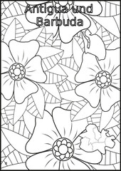 Schwarze und weiße Blume mit der Landkarte Antigua und Barbuda in der Mitte. Muster für Erwachsene Färbung Buch. Doodle floral Zeichnung. Kunsttherapie Färbung Seite