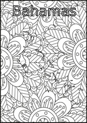 Schwarze und weiße Blume mit der Landkarte Bahamas in der Mitte. Muster für Erwachsene Färbung Buch. Doodle floral Zeichnung. Kunsttherapie Färbung Seite