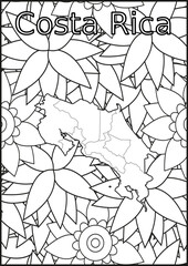 Schwarze und wei&szlig;e Blume mit der Landkarte Costa Rica in der Mitte. Muster f&uuml;r Erwachsene F&auml;rbung Buch. Doodle floral Zeichnung. Kunsttherapie F&auml;rbung Seite