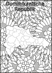 Schwarze und weiße Blume mit der Landkarte Dominikanische Republik in der Mitte. Muster für Erwachsene Färbung Buch. Doodle floral Zeichnung. Kunsttherapie Färbung Seite