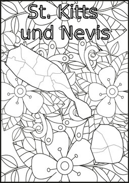 Schwarze und weiße Blume mit der Landkarte  St. Kitts und Nevis in der Mitte. Muster für Erwachsene Färbung Buch. Doodle floral Zeichnung. Kunsttherapie Färbung Seite