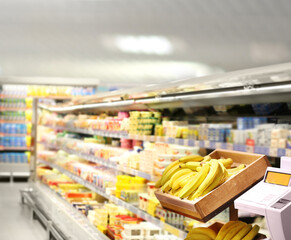 Fototapeta premium Choosing a dairy products at supermarket.Grocery stores .blurred background