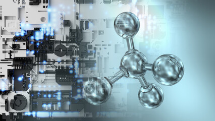 Molecular structure of crystal atom and black-white futuristic circuit technology with blue LED point light. Concept 3D CG of advanced medical systems, computer electronic design and Sci-Fi Landscape.