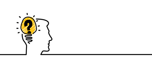 Cartoon brain electric lamp idea with question mark. FAQ, business loading concept. Vector light bulb icon or sign ideas. Brilliant lightbulb education or invention pictogram. Head or face thinking.