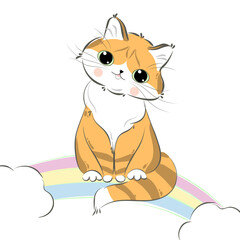 Cute cat sitting  on a rainbow. Ginger kitty for print.