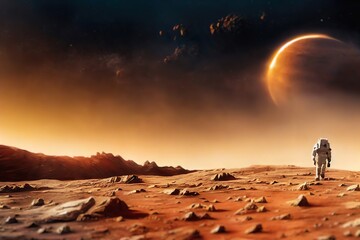  An astronaut explores the surface of Mars alone, with a disintegrating planet from Earth's solar system in the background