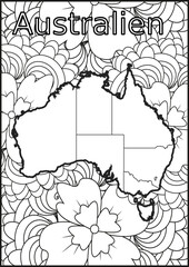 Schwarze und weiße Blume mit der Landkarte Australien in der Mitte. Muster für Erwachsene Färbung Buch. Doodle floral Zeichnung. Kunsttherapie Färbung Seite
