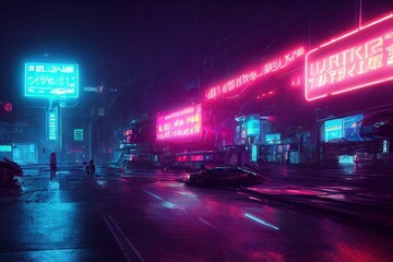 Cyberpunk neon cityscape, futuristic colors, dystopian world, otherwordly