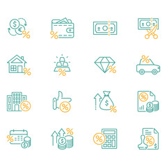 Set of tax related vector icons. Vector illustration of icons such as deductions, building tax, and more with editable green and gold outlines. Perfect for template symbols, designs and more.