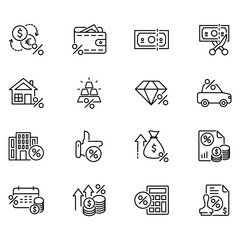Set of tax related vector icons. Vector illustration of icons such as deductions, building tax, and more with editable black outlines. Perfect for template symbols, designs and more. 