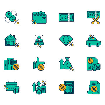 Set of tax related vector icons. Vector illustration of icons such as deductions, building tax, and more in full color editable flats. Perfect for template symbols, designs and more.