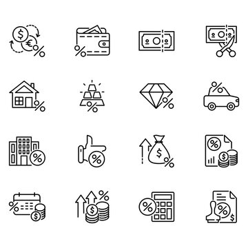 Set of tax related vector icons. Vector illustration of icons such as deductions, building tax, and more with editable black outlines. Perfect for template symbols, designs and more. 