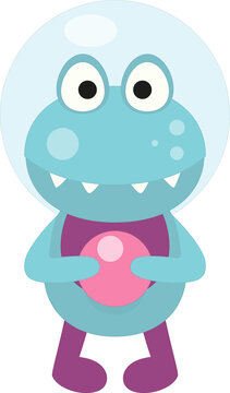 Blue Alien Monster with Ball. Space Design Element. Kids Illustration Isolated on Transparent Background