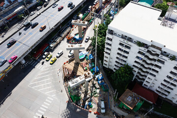 bangkok urban mass transit project (pink line monorail). aerial top view construction of pink line...