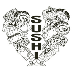 Japanese cuisine sushi banner or poster design in black and white graphic, flat vector illustration isolated on white background. Sushi bar and seafood restaurant poster.