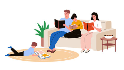 Family reading books together. Mother, father and children sitting with books. Readers. Cozy family evening at home. Flat vector illustration.