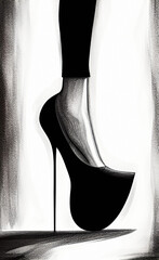 high heel woman shoe, cartoon style, black and white ink drawing