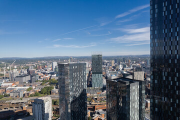 Manchester City Centre Drone Aerial View Above Building Work Skyline Construction Blue Sky Summer...