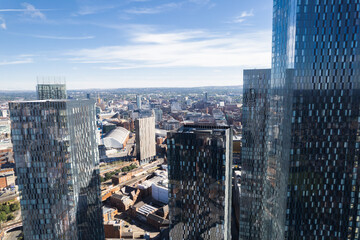 Manchester City Centre Drone Aerial View Above Building Work Skyline Construction Blue Sky Summer Beetham Tower Deansgate Square Glass Towers.