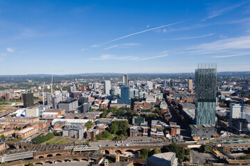Manchester City Centre Drone Aerial View Above Building Work Skyline Construction Blue Sky Summer Beetham Tower Deansgate Square Glass Towers.