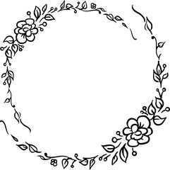 vector drawing, curly wreath of flowers and branches with leaves on a pink background