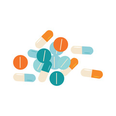 Flat vector illustration of holding various capsules and pills. Treatment with antidepressants. The concept of taking supplements and vitamins daily.