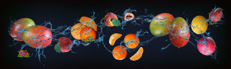 Panorama with fruits in water - juicy lemon, apple, mango, tangerine, lychee, peach, raspberry,...