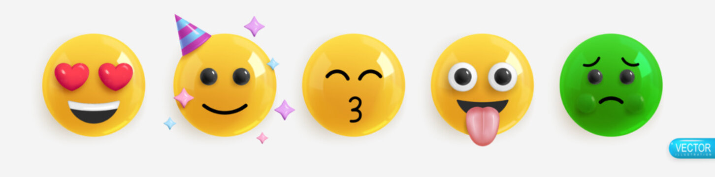 Realistic Emotion. 3d Render. Set Icon Smile Emoji. Vector yellow glossy emoticons.