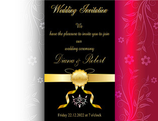 double golden floral ornament wedding invitation card design vector on black and red color
