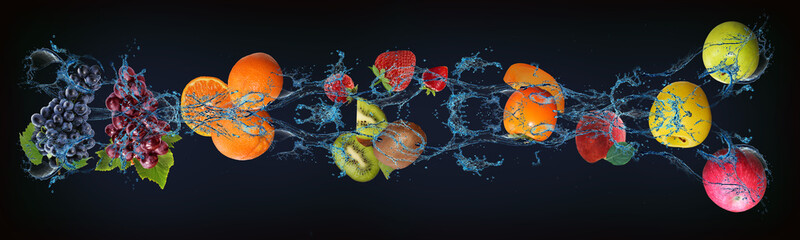 Panorama with fruits in water - juicy apple, peach, kiwi, persimmon, strawberry, orange, grapes...